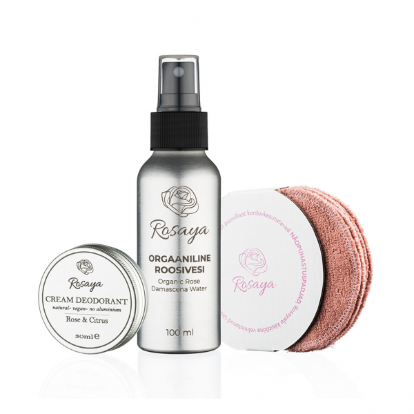Kinkekomplekt- Orgaaniline Roosivesi- Looduslik deodorant- Meigieemalduspadjad; Gift set "Rosaya´s Princess" with organic rose water